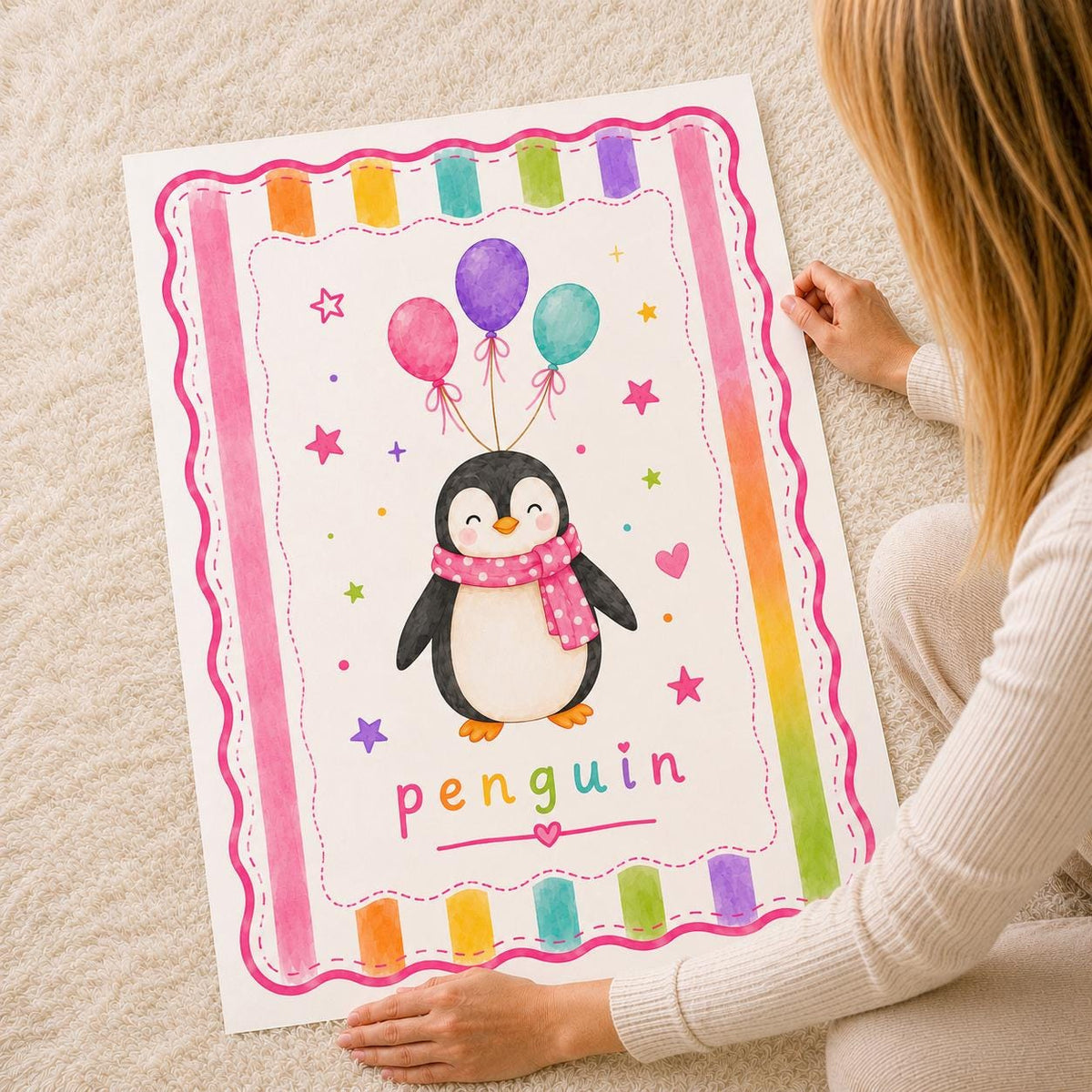 Penguin Nursery Print, Cute Penguin Wall Art, Animal Nursery Decor, Baby Girl Bedroom Poster, Penguin Balloon Print, A4 A3