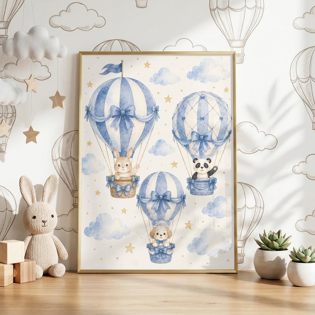 Hot Air Balloon Nursery Print, Baby Boy Wall Art, Blue Animal Nursery Decor, Bunny Panda Puppy Poster, A4 A3 Print