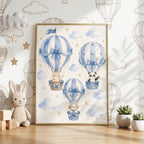 Hot Air Balloon Nursery Print, Baby Boy Wall Art, Blue Animal Nursery Decor, Bunny Panda Puppy Poster, A4 A3 Print