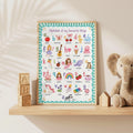 A framed alphabet poster rests on a wooden shelf next to wooden alphabet blocks, a small house-shaped block, and a plush elephant toy.