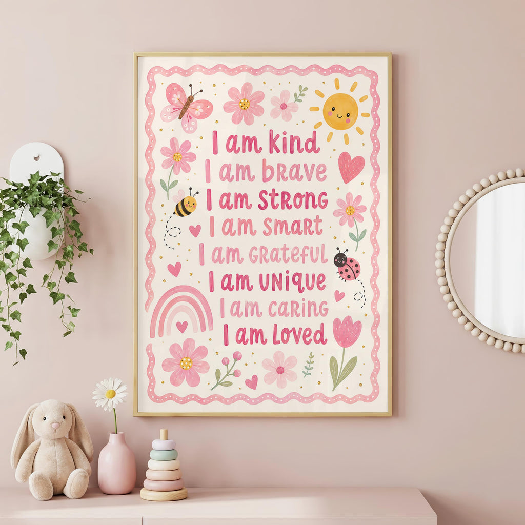 A framed children's affirmation poster hangs on a pink wall above a shelf holding a stuffed bunny, a flower in a vase, and a stack of rings.