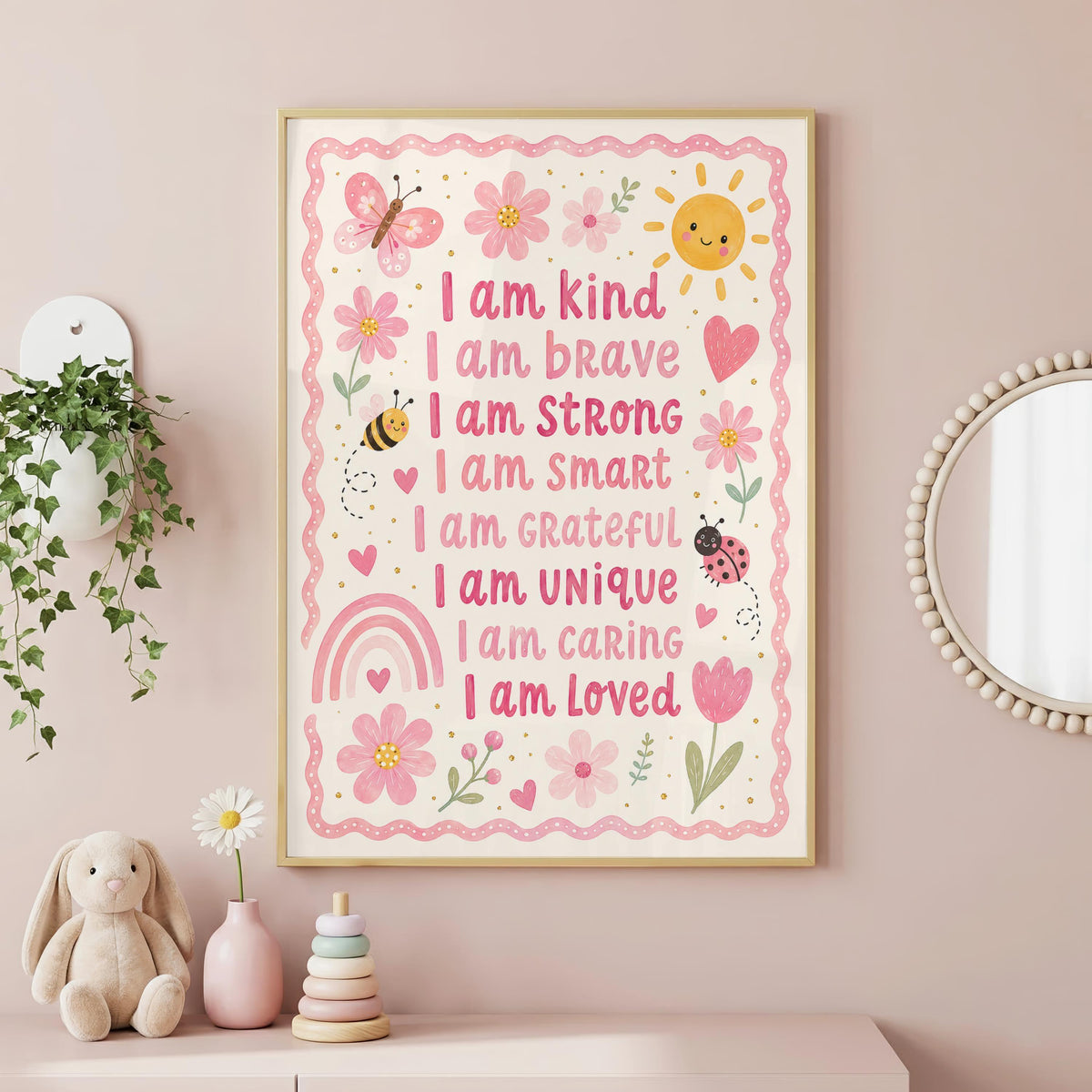 A framed children's affirmation poster hangs on a pink wall above a shelf holding a stuffed bunny, a flower in a vase, and a stack of rings.