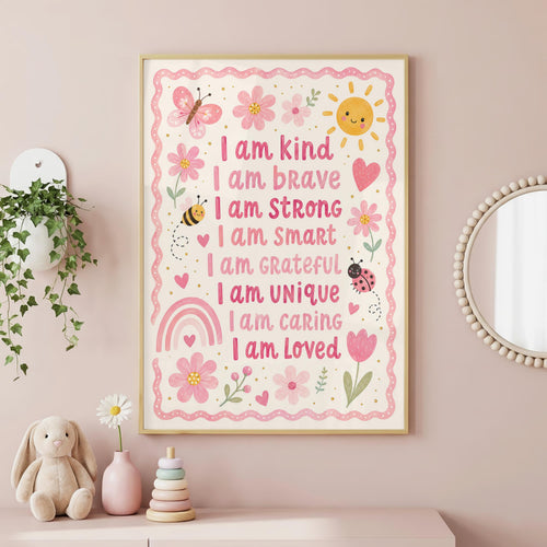 A framed children's affirmation poster hangs on a pink wall above a shelf holding a stuffed bunny, a flower in a vase, and a stack of rings.
