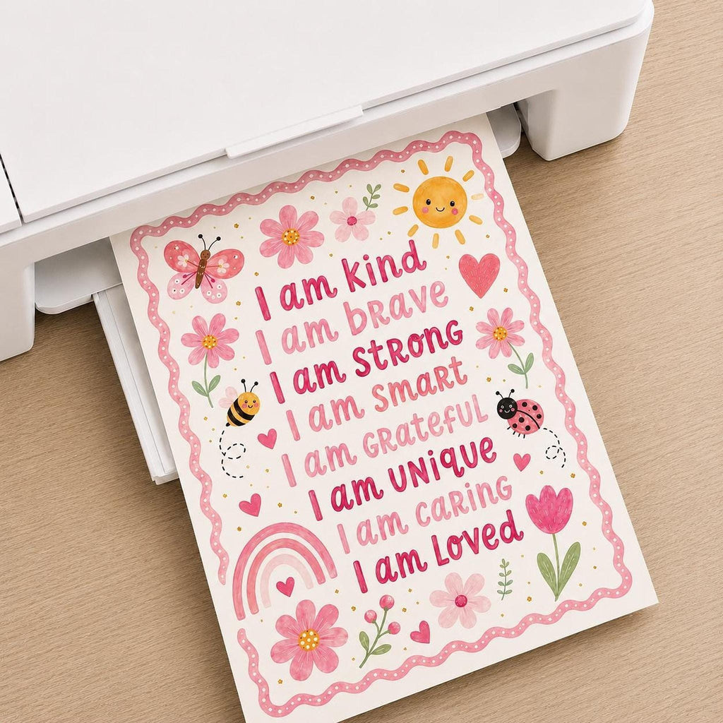 A pink children's affirmation print feeds out of a white home printer resting on a wooden surface.