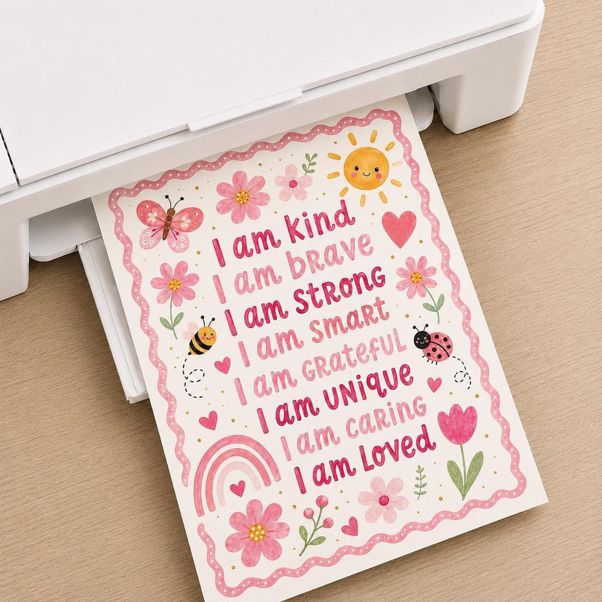 A pink children's affirmation print feeds out of a white home printer resting on a wooden surface.