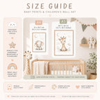 Size guide graphic for baby prints with text explaining A4 and A3 dimensions, featuring an image of a nursery with framed elephant and giraffe prints above a wooden crib.