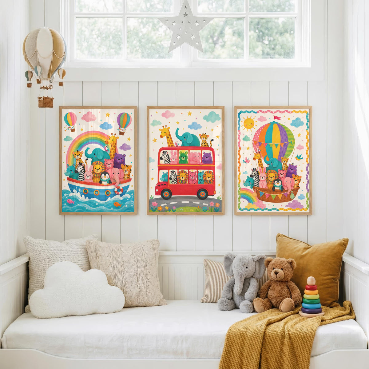 A set of three framed safari animal prints hanging on a white paneled wall above a white daybed filled with pillows and plush toys.
