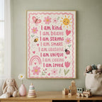 Affirmation Print for Kids, A4 or A3 Soft Pink Floral Nursery Decor shown in an AI-generated listing photo