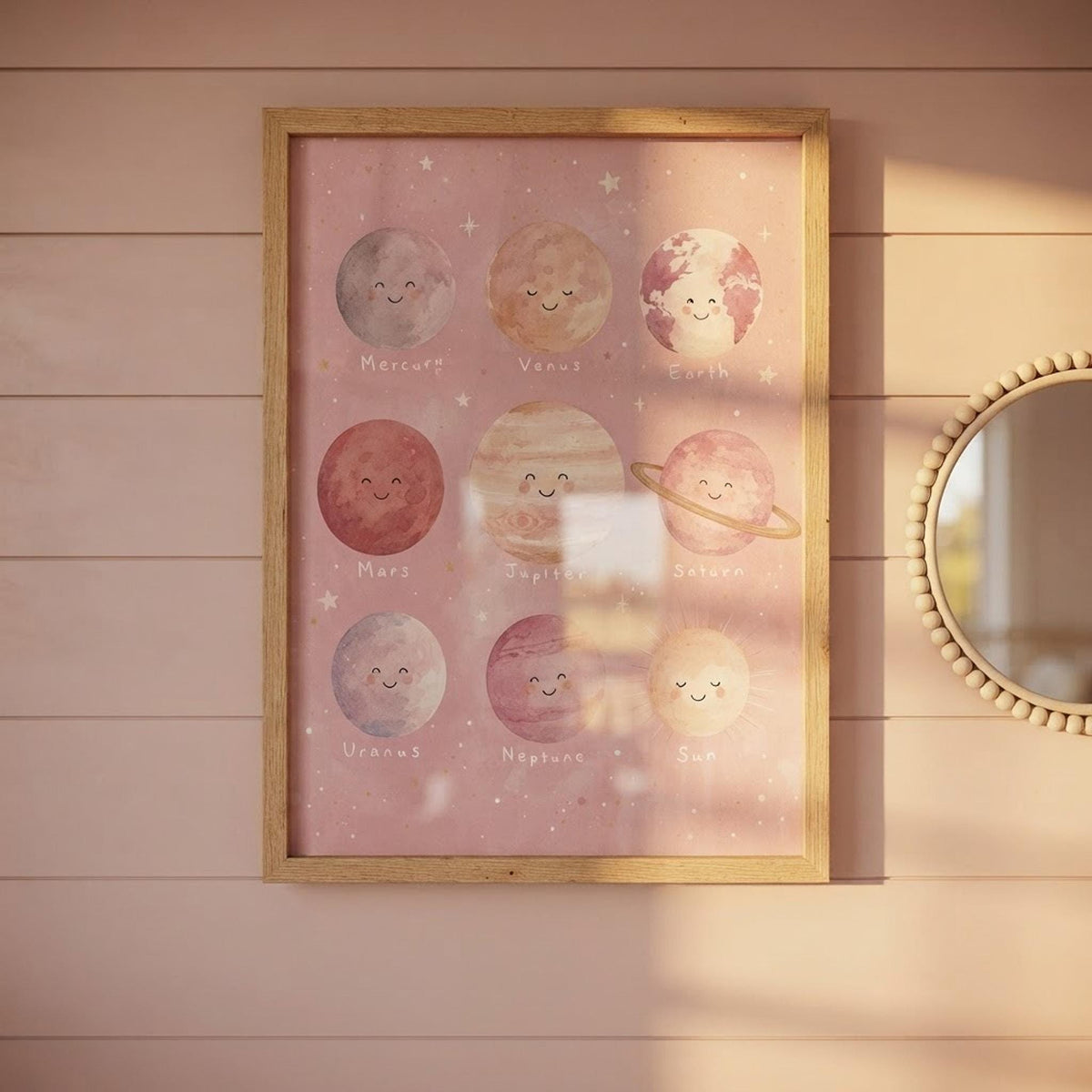 Pink Solar System Print, Pastel Planet Wall Decor, A4 A3 Educational Nursery Display shown in an AI-generated listing photo