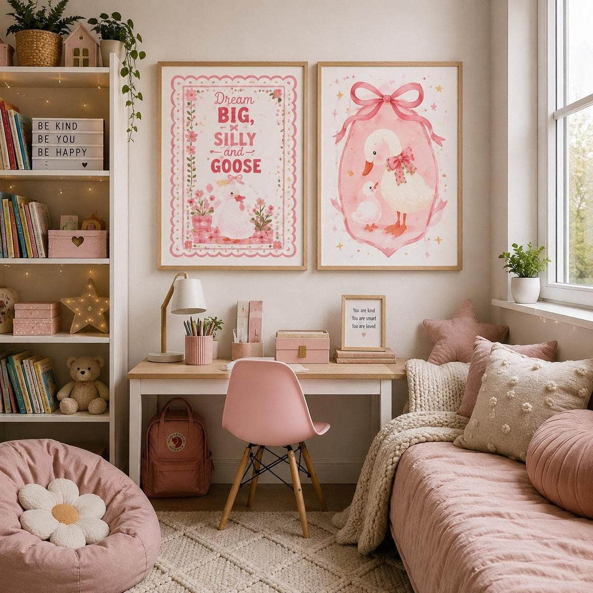 Set of two pink goose nursery wall prints displayed above a children’s desk in a cosy bedroom reading nook, styled with bookshelves, fairy lights, pink seating, soft cushions, teddy bear, plants and warm neutral decor.
