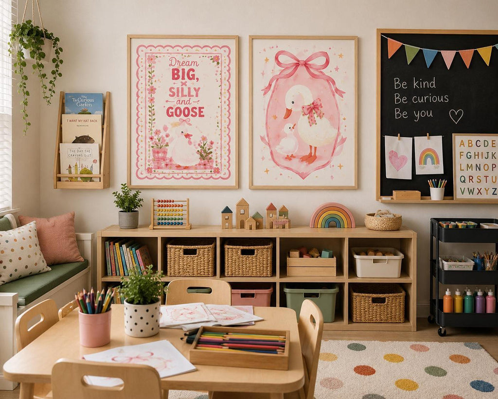 Set of two pink goose nursery wall prints displayed in a colourful children’s playroom and learning space with toy storage, books, art table, chalkboard, wooden toys, rainbow decor and pastel storage baskets.