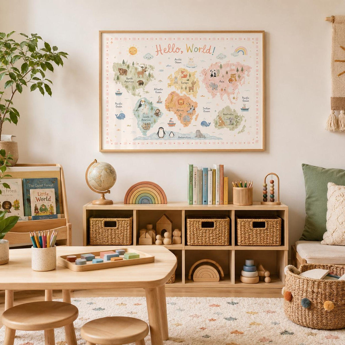 Hello World children’s world map print displayed in a light wood frame in a bright playroom, styled with toy storage, books, globe, wooden toys, rainbow decor, art table, woven baskets and soft neutral furnishings.