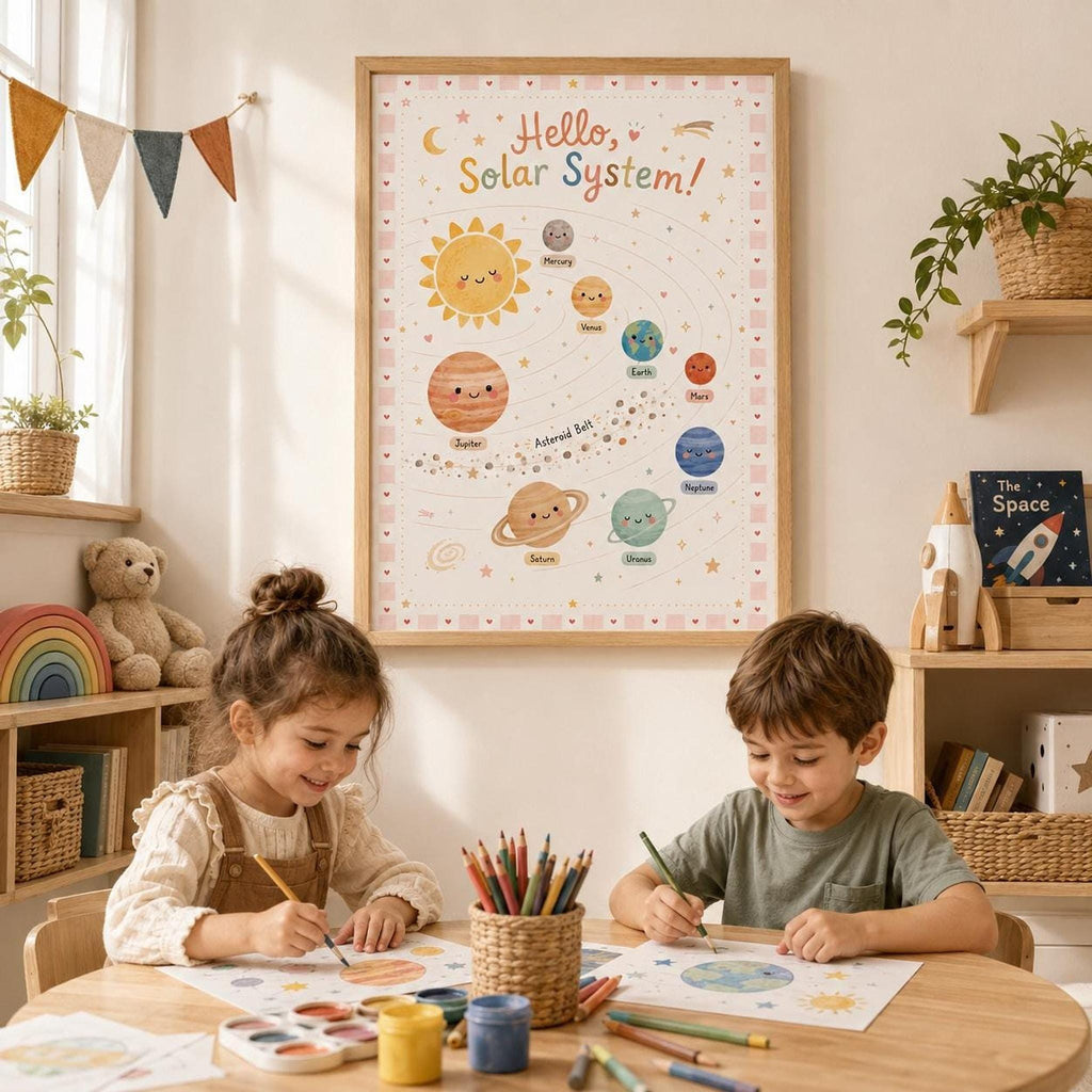 Hello Solar System children’s educational wall print displayed in a light wood frame above two children painting and drawing at a wooden table, styled in a cosy playroom with books, rainbow toy, rocket decor, teddy bear, plants and warm neutral furnishings.