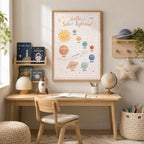 Hello Solar System children’s educational wall print displayed in a light wood frame above a wooden study desk, styled in a cosy space-themed child’s room with books, rocket decor, globe, soft toys and neutral accessories.