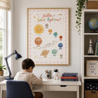 Hello Solar System children’s educational wall print displayed above a child’s study desk, styled in a bright space-themed bedroom with books, globe, rocket decor, astronaut toy, pencils, plants and navy accessories.