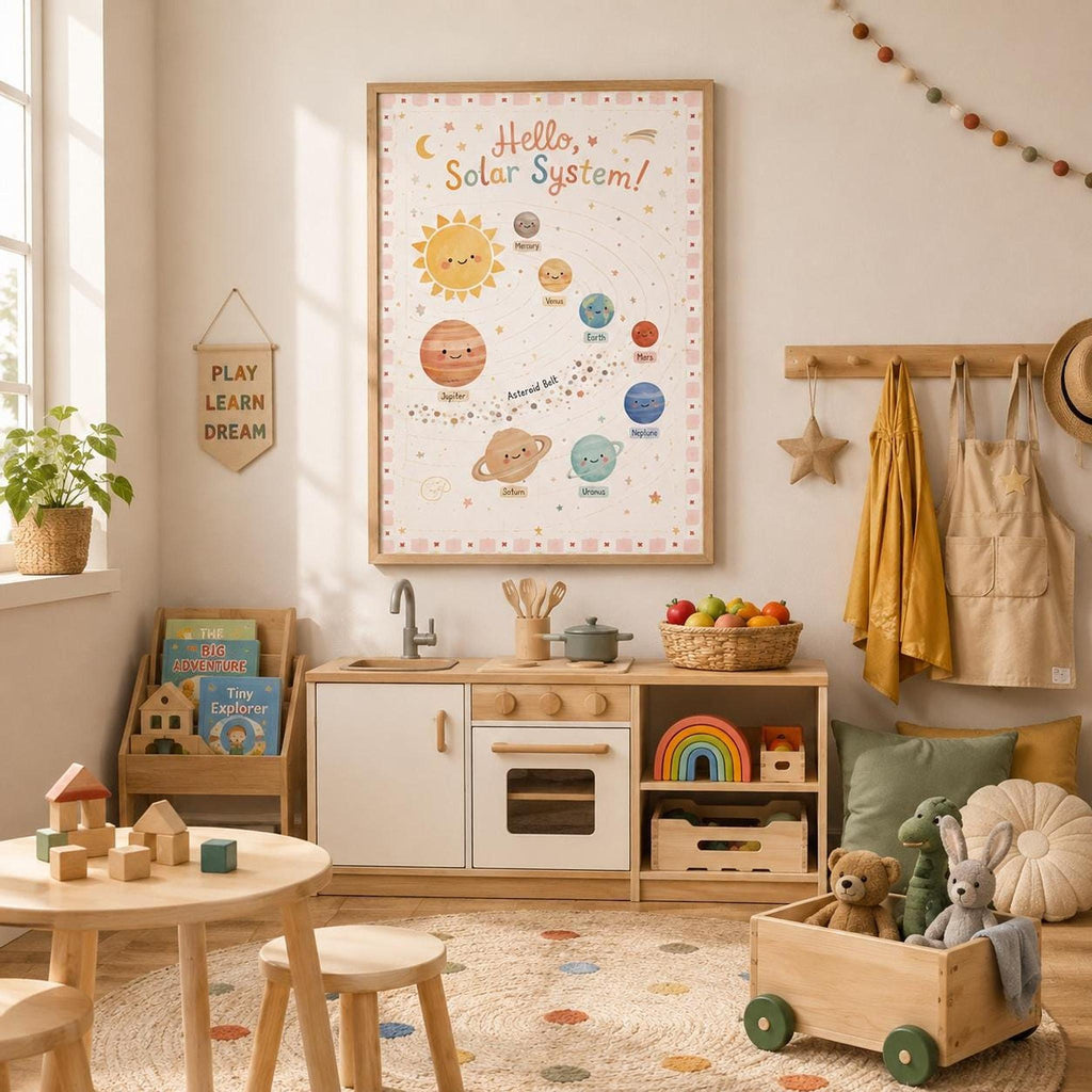 Hello Solar System children’s educational wall print displayed in a light wood frame in a bright playroom, styled above a wooden toy kitchen with books, wooden blocks, plush toys, rainbow decor and soft neutral furnishings.
