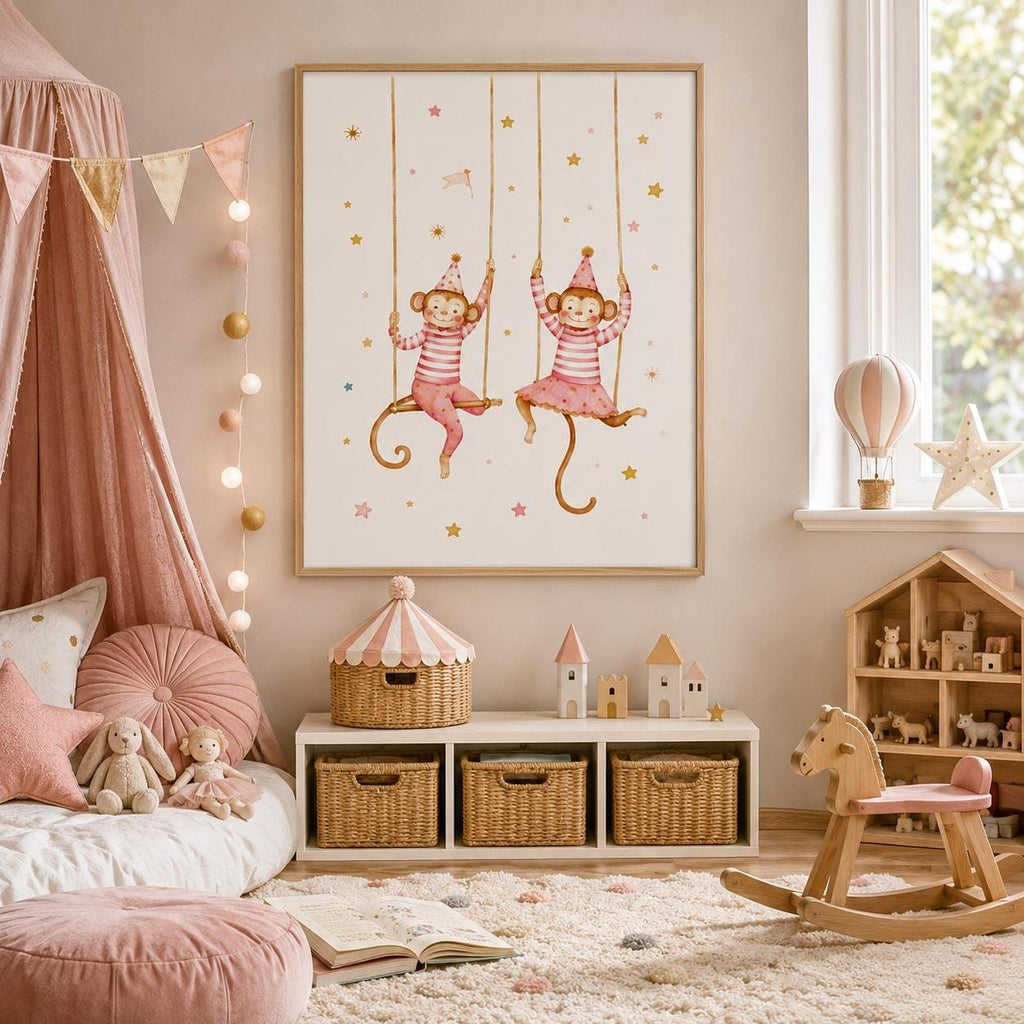 Pink circus monkey wall print displayed in a light wood frame in a cosy children’s bedroom, styled with a canopy bed, bunting, soft toys, woven storage baskets, rocking horse, dollhouse and warm pastel nursery decor.