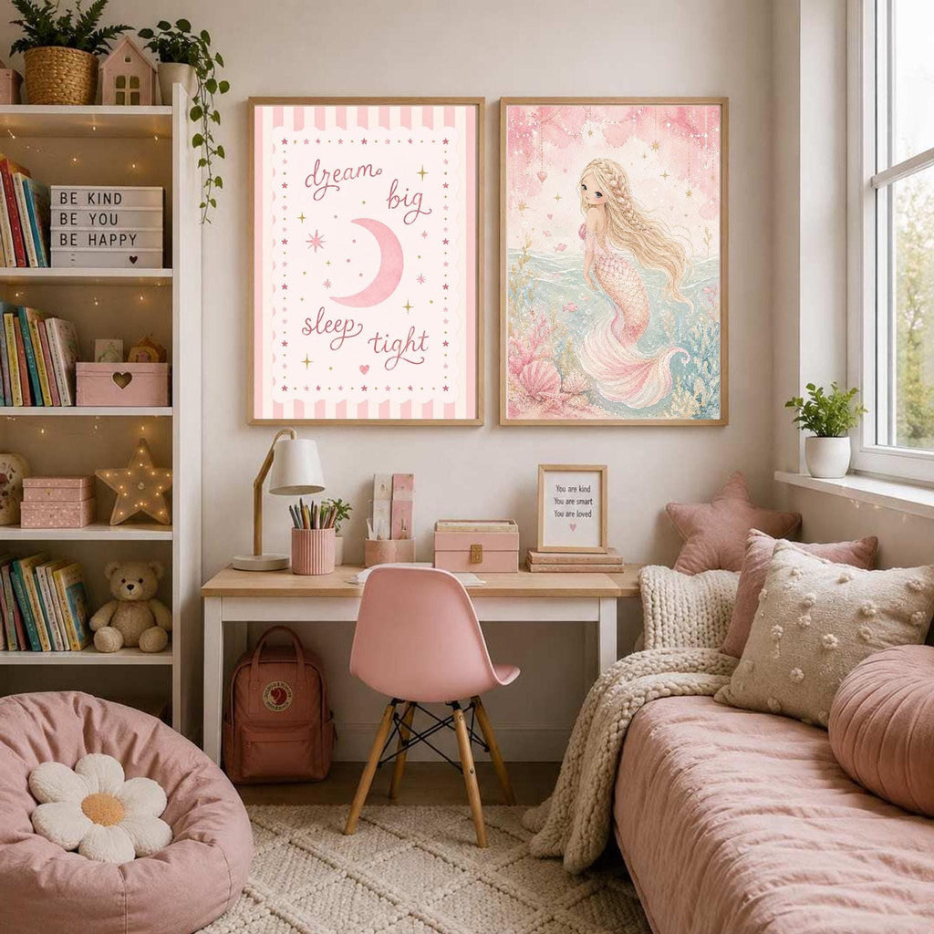 Reading Nook Decor, Pink Nursery Print Set of 2, Mermaid Wall Art, A4/A3