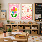 Duck Nursery Print, Mummy And Baby Illustration, Floral Pink Gingham Border