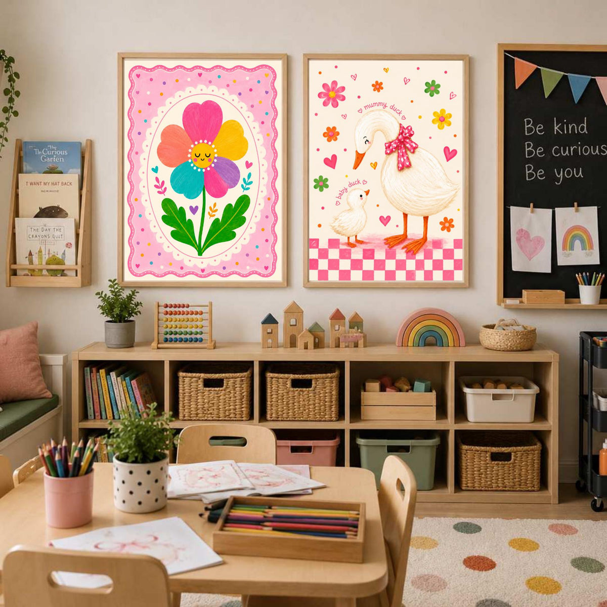 Duck Nursery Print, Mummy And Baby Illustration, Floral Pink Gingham Border