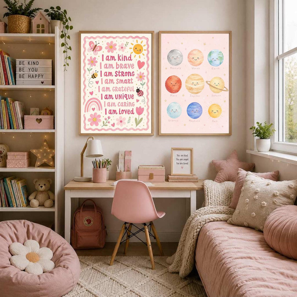Pink Solar System Print, Planet Nursery Poster, Girls Space Bedroom Decor, Educational Planet Wall Art, Astronomy Nursery Print