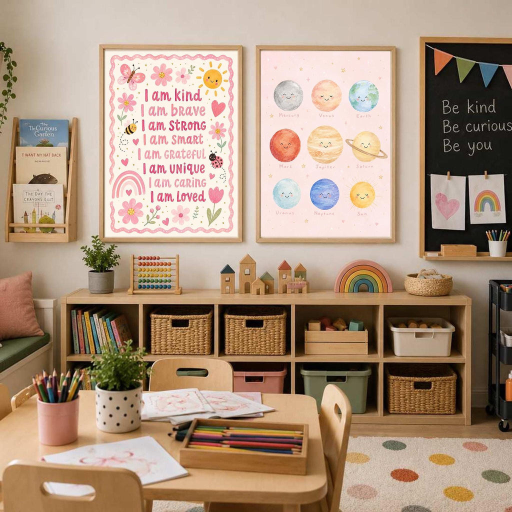 Pink Solar System Print, Planet Nursery Poster, Girls Space Bedroom Decor, Educational Planet Wall Art, Astronomy Nursery Print