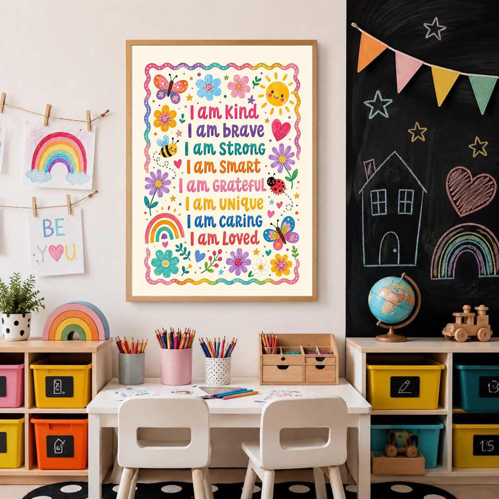 Framed affirmation print centered on a wall above a child's desk and two white chairs, with a chalkboard to the right.