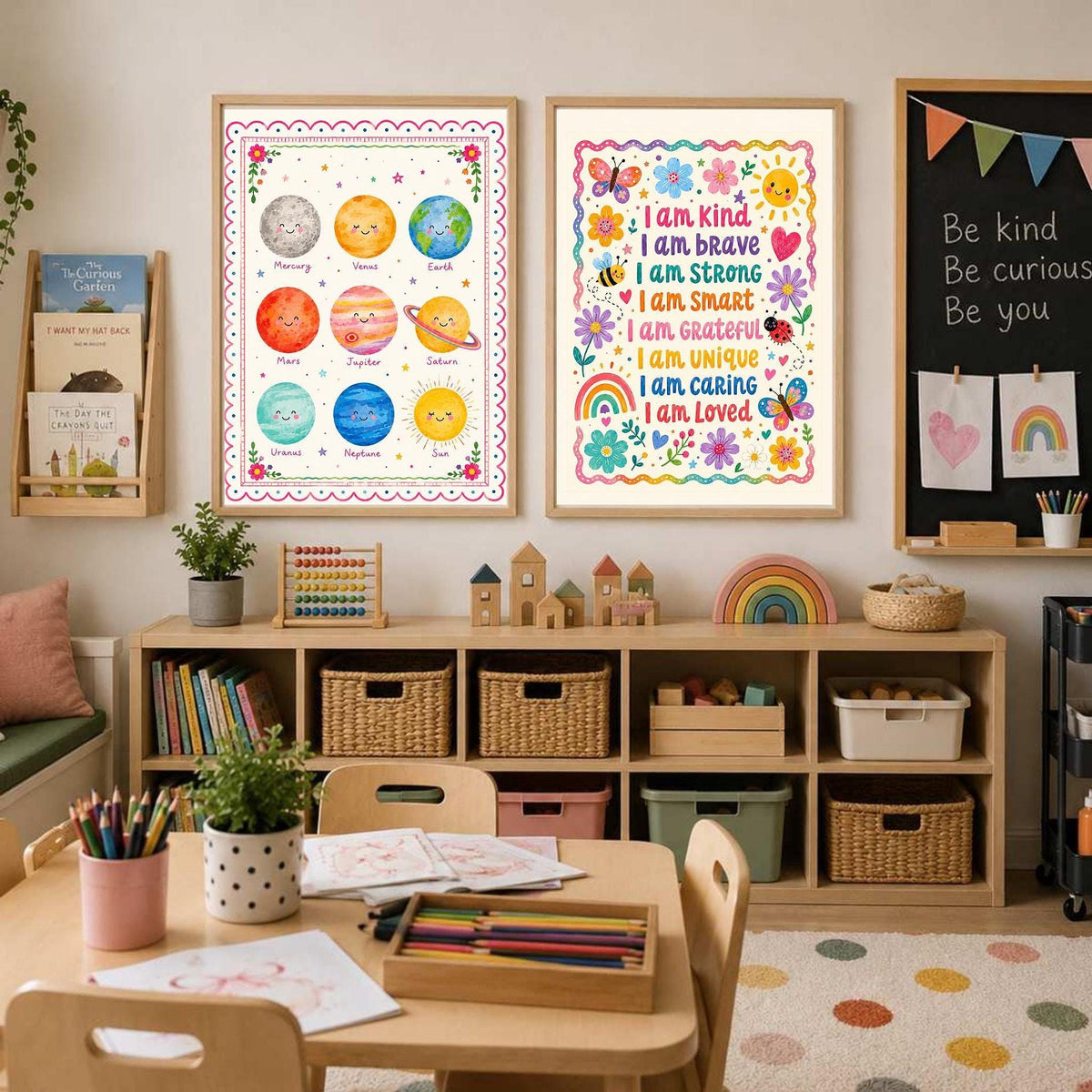 Two framed prints hanging on a wall above a wooden storage console filled with books, toys, and baskets in a playroom.