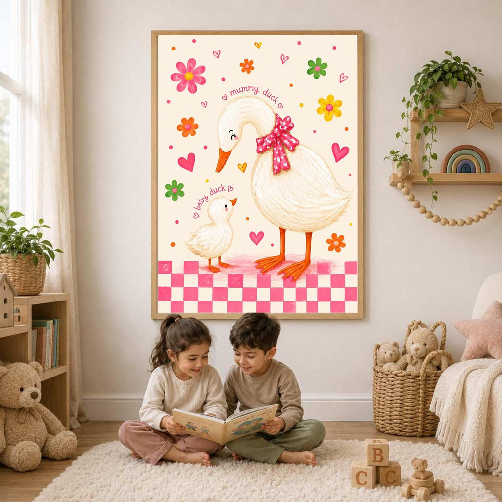 Duck Nursery Print, Mummy And Baby Illustration, Floral Pink Gingham Border