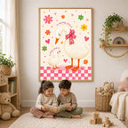 Duck Nursery Print, Mummy And Baby Illustration, Floral Pink Gingham Border