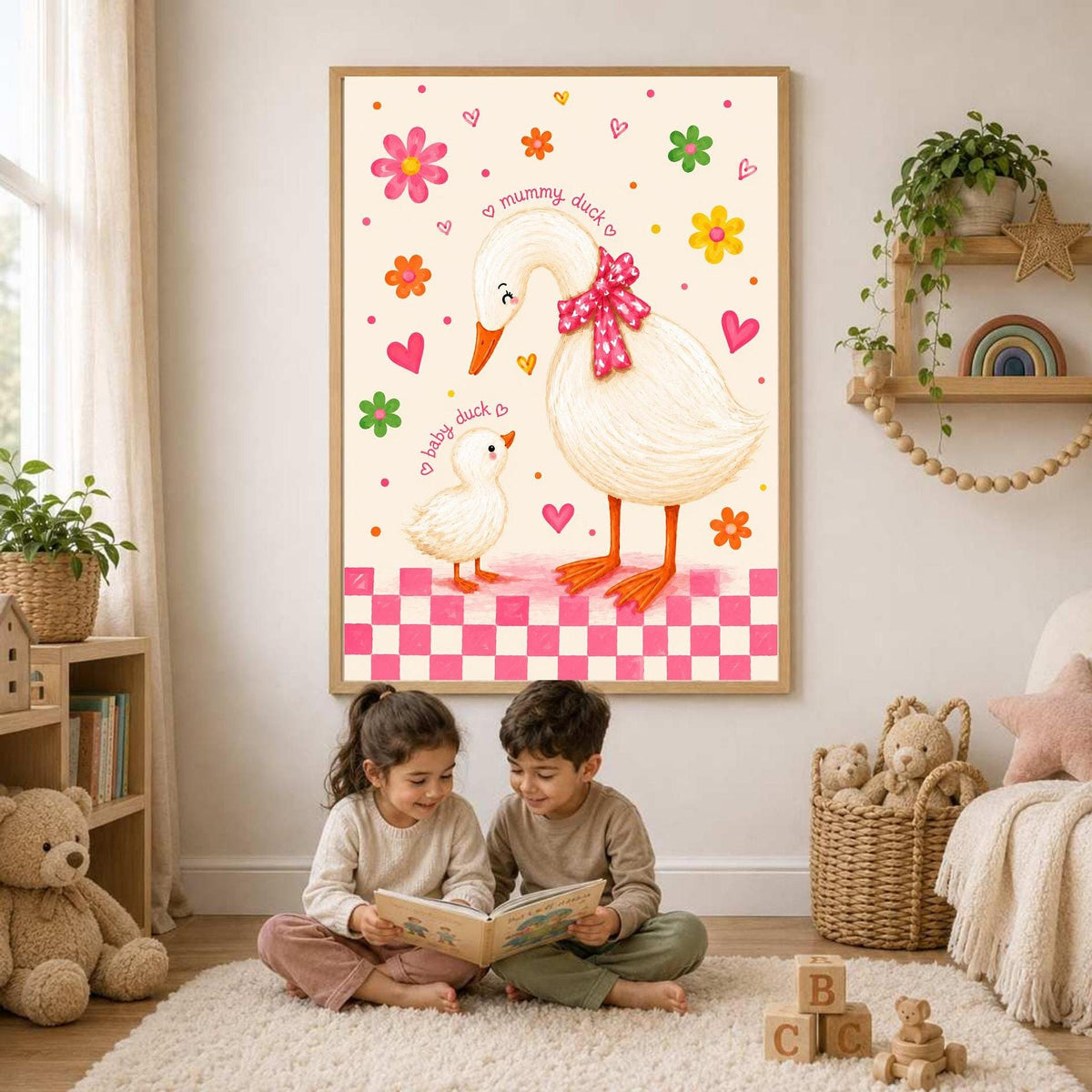 Duck Nursery Print, Mummy And Baby Illustration, Floral Pink Gingham Border