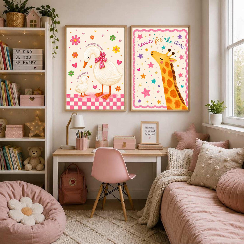 Duck Nursery Print, Mummy And Baby Illustration, Floral Pink Gingham Border