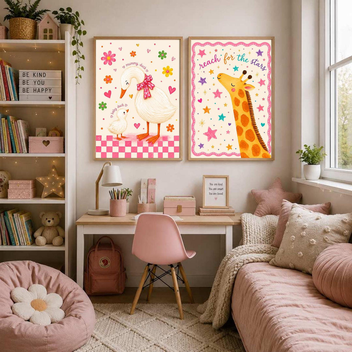 Duck Nursery Print, Mummy And Baby Illustration, Floral Pink Gingham Border