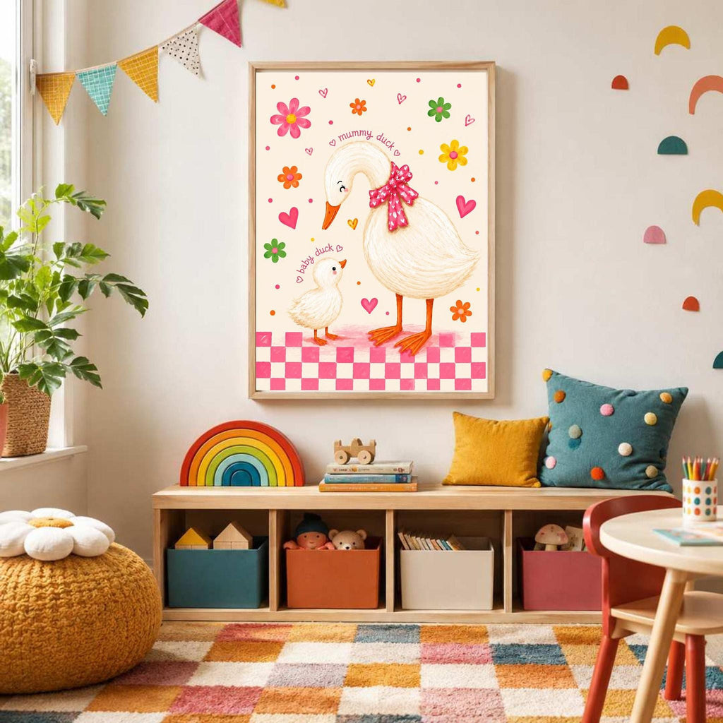 Duck Nursery Print, Mummy And Baby Illustration, Floral Pink Gingham Border
