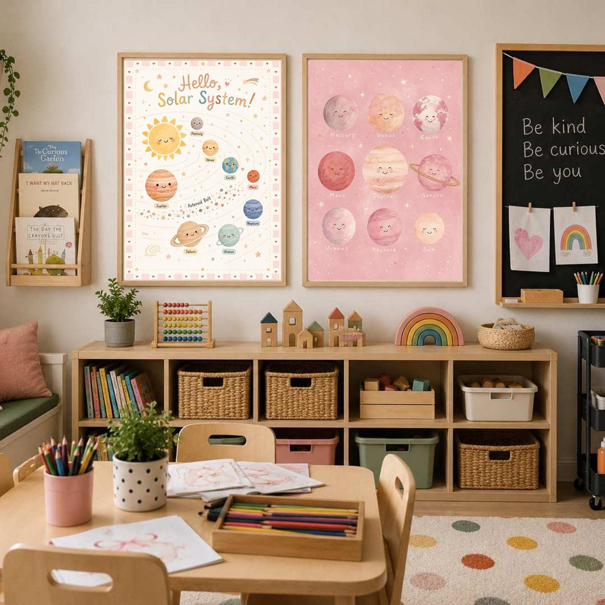 Two pastel space prints hang side by side on a wall next to a framed chalkboard and a shelving unit.