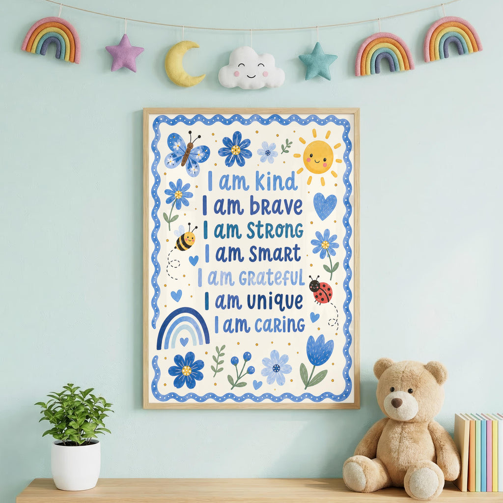 An affirmation poster with blue botanical illustrations hangs above a wooden desk holding a plant and books, with rainbow wall art above.