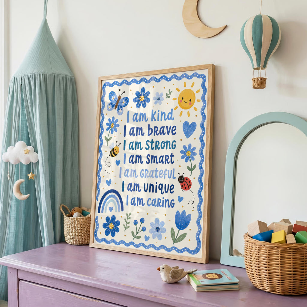 A framed children's affirmation print hangs on a white wall in a nursery next to a canopy bed, with a toy hot air balloon and a mirror.