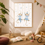 A framed illustration of two monkeys in party hats on swings is mounted on a wall in a child s playroom.