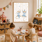 A framed print of two swinging monkeys hangs on a wall above a child s desk filled with art supplies.