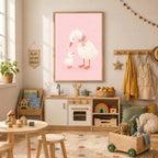 Framed pink mummy and baby duck art hanging in a brightly lit children playroom with a wooden play kitchen and toy chest.