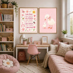 Child bedroom interior with a framed pink duck art print and a text print on the wall, pink bedding, and a pink chair.