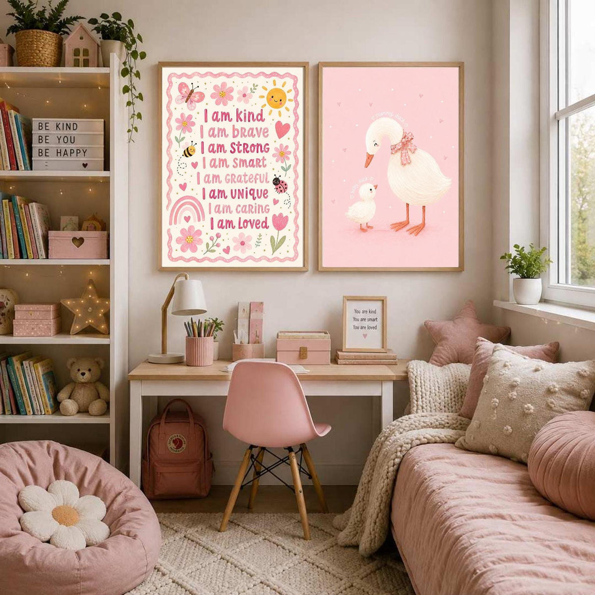 Child bedroom interior with a framed pink duck art print and a text print on the wall, pink bedding, and a pink chair.