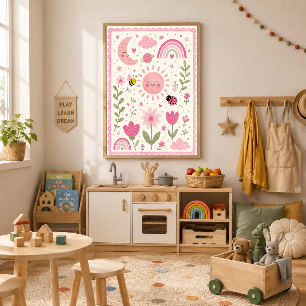 A framed pink whimsical nursery poster hangs above a toy kitchen set in a brightly lit children's playroom.