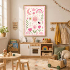 A framed pink whimsical nursery poster hangs above a toy kitchen set in a brightly lit children's playroom.
