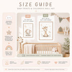 A size guide infographic displaying A4 and A3 dimensions for baby prints above a nursery scene with a crib and wall art.