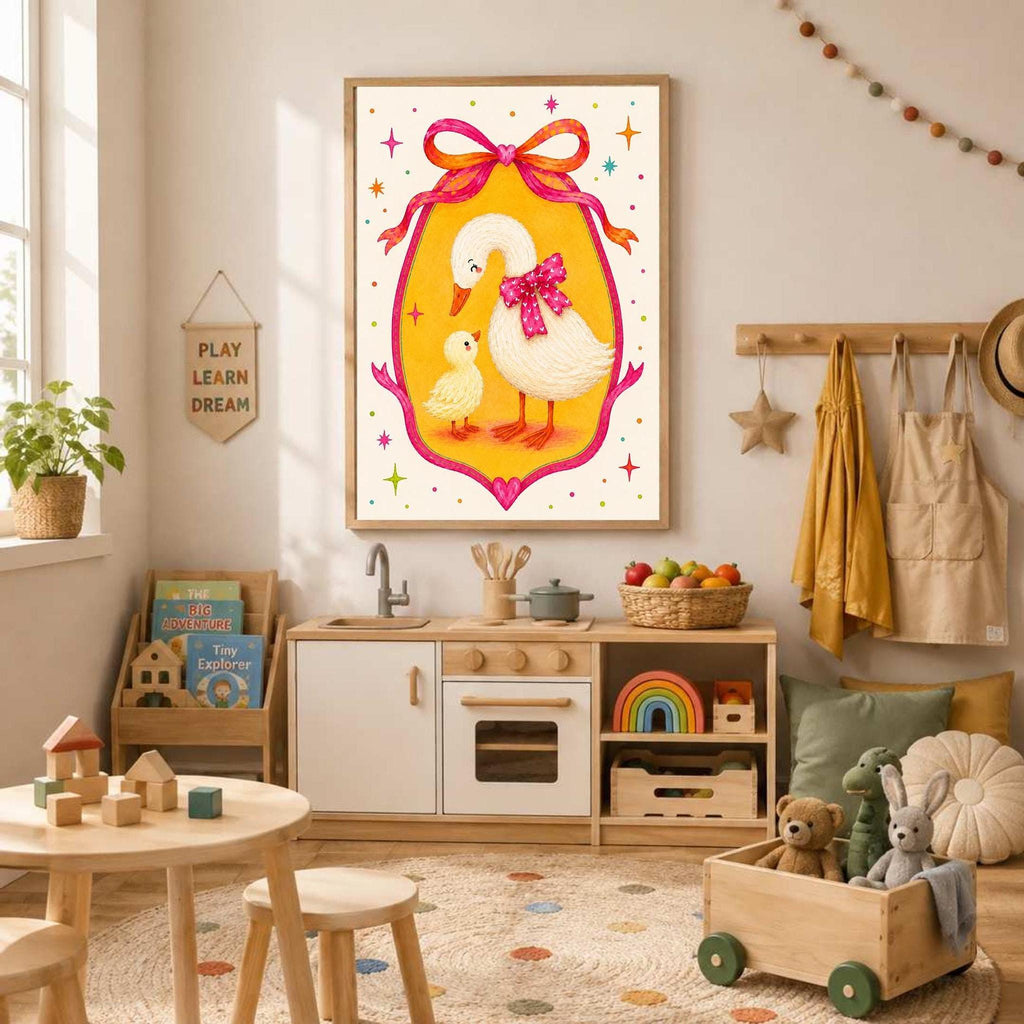 A framed whimsical goose and duckling artwork is centered on a light wall above a child's play kitchen and a table surrounded by toys in a playroom.