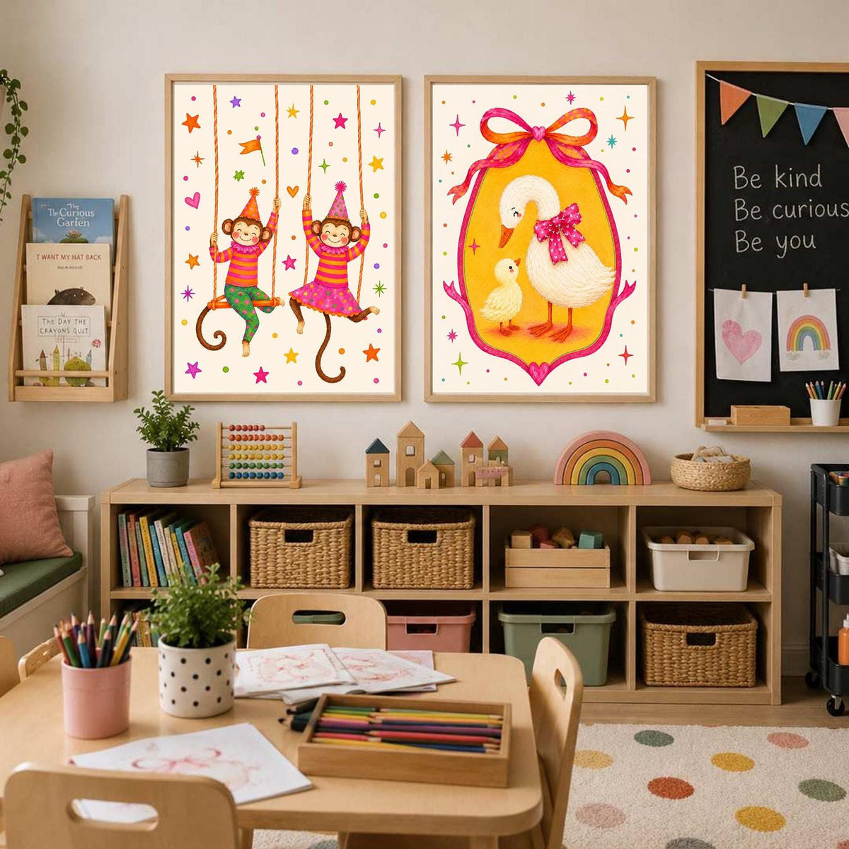 Two framed wall art pieces hang side by side, one showing two monkeys swinging from vines and the other featuring a mother goose and duckling inside a pink arched frame.