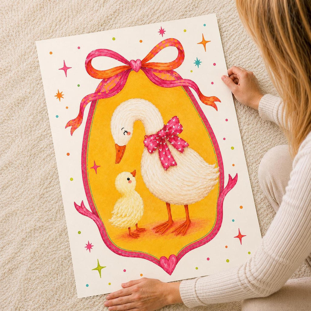 A woman holds up a whimsical art print depicting a white goose and a yellow duckling inside a golden oval framed by a pink bow and stars.