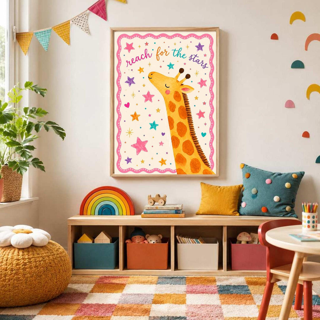 A framed print of an illustrated giraffe with the text reach for the stars hangs on a light wall above a low wooden storage bench in a children's playroom.