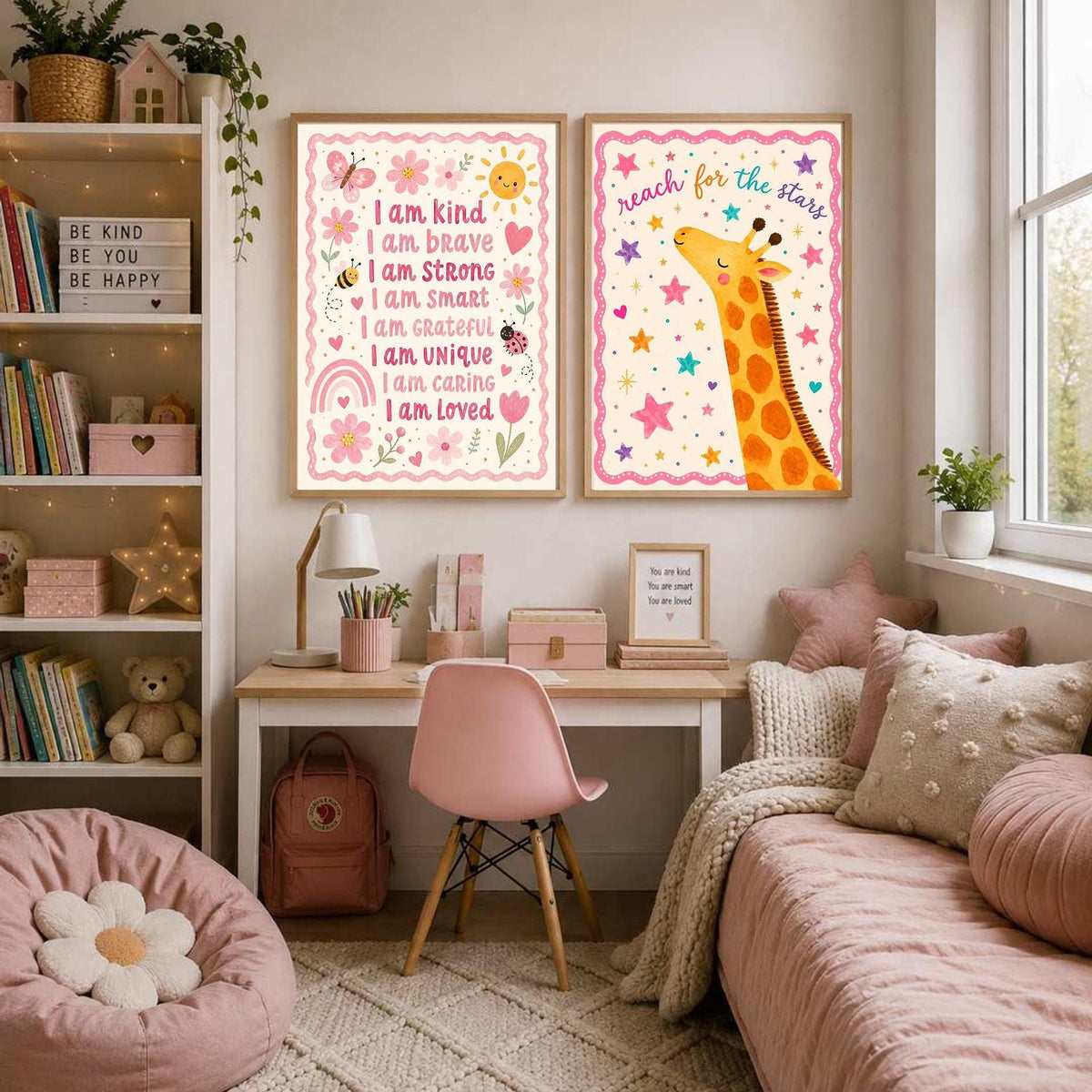 A framed print of a giraffe with reach for the stars text hangs on a pink wall above a low white cabinet, alongside a bed with a pink spread, stuffed animals, and decorative cushions.